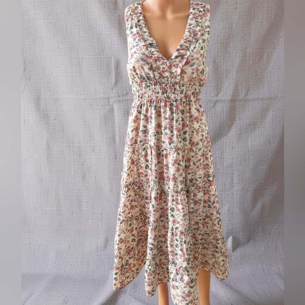 Lush Cream Floral Ruffle V-Neck Sleeveless Midi Dress with Pink & Blue Accents